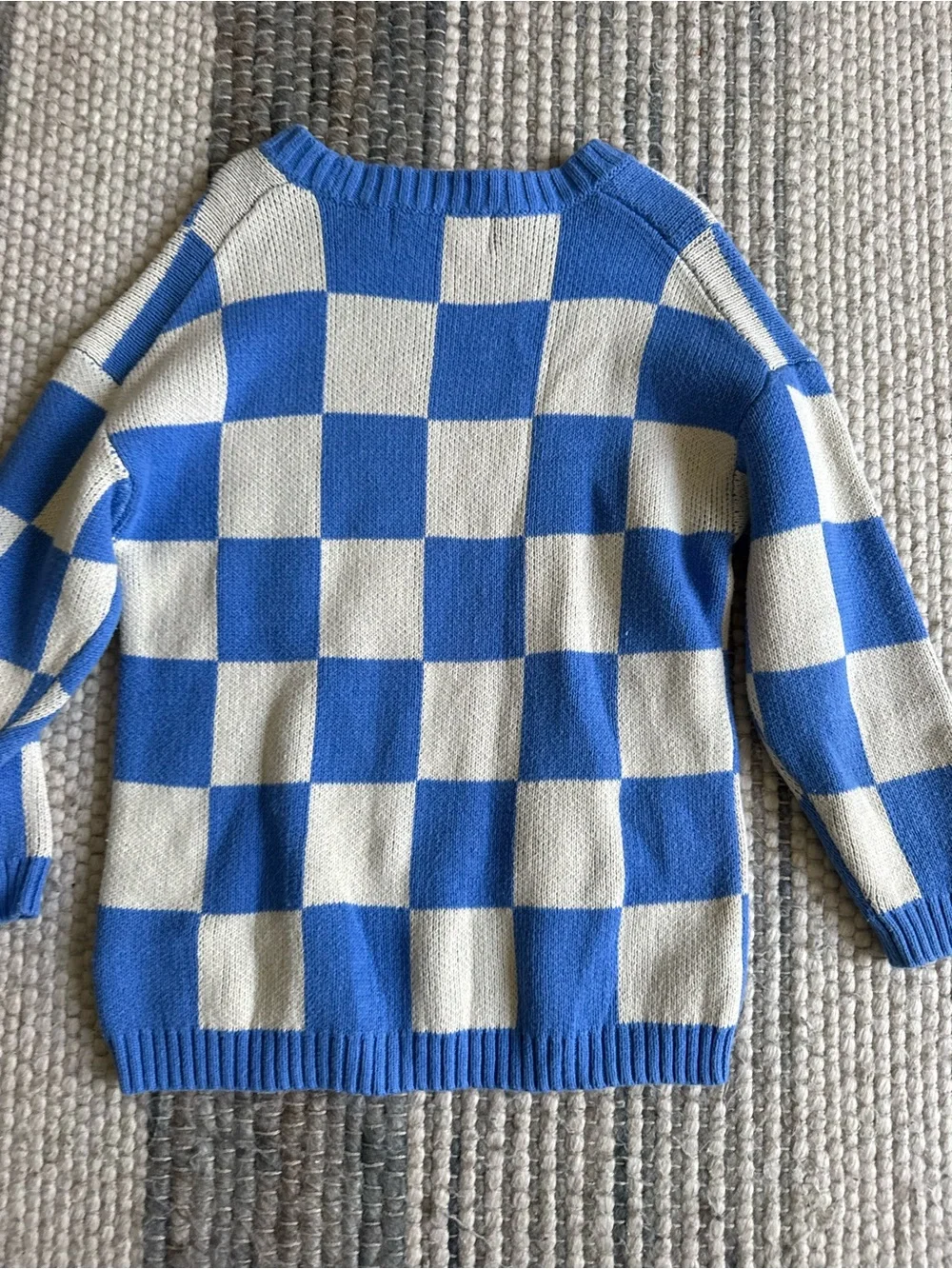 H&M Blue and Cream Checker Knit Sweater with Graphic Detail